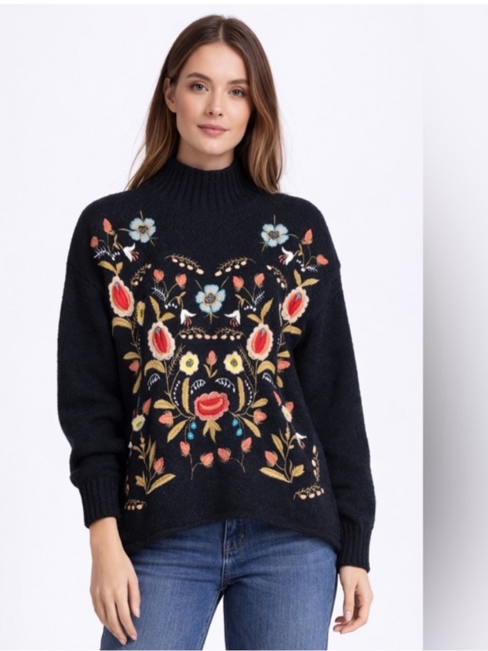 Cliche Floral Embroidered
Mock Neck Sweater Cottagecore Sz L